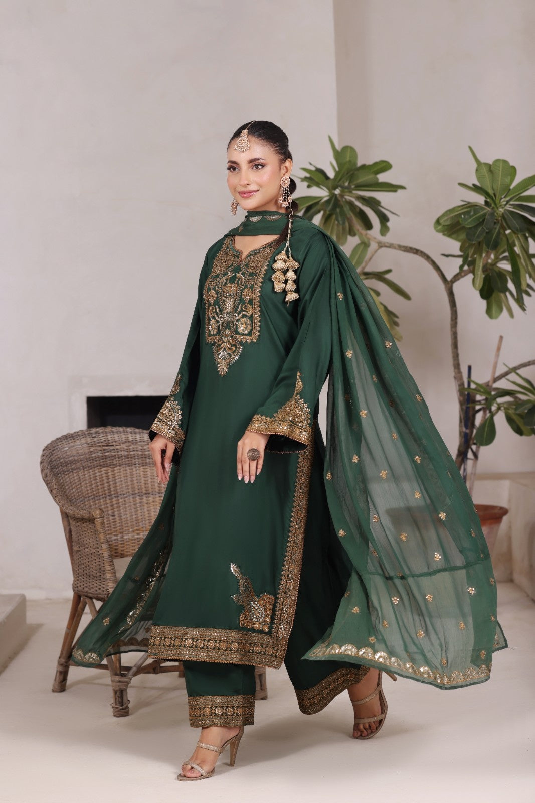 Green Gold Maherposh 3 Piece Embroidered Luxury Pret