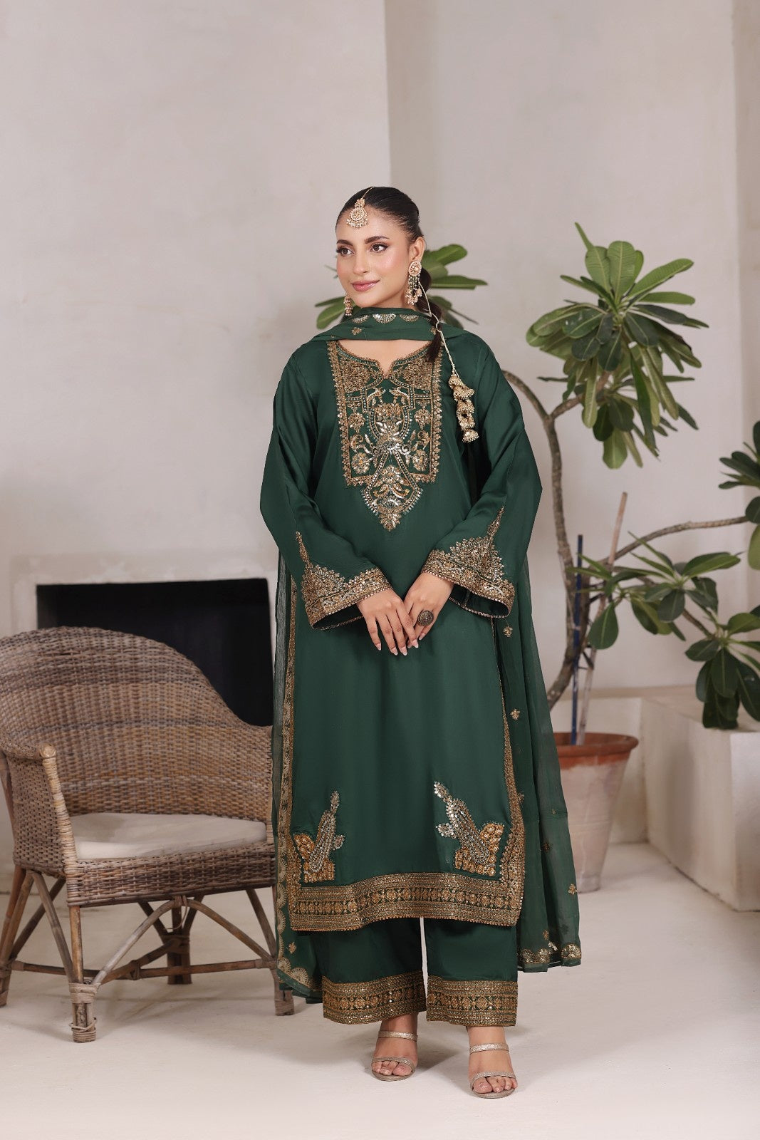 Green Gold Maherposh 3 Piece Embroidered Luxury Pret