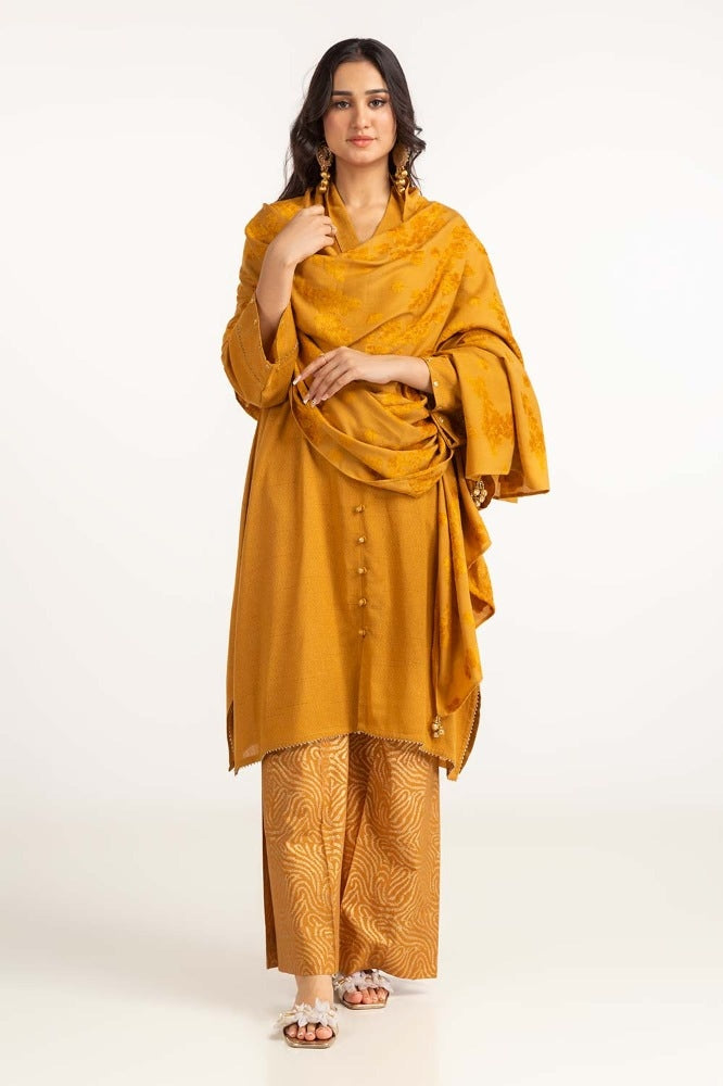 Dyed Acrylic Viscose Shirt With Velvet Jacqauard Dupatta