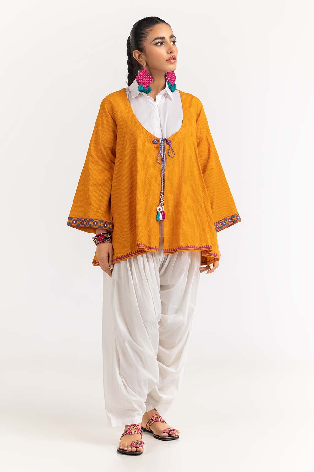 Dyed Cotton Stripes Embroidered Kurti
