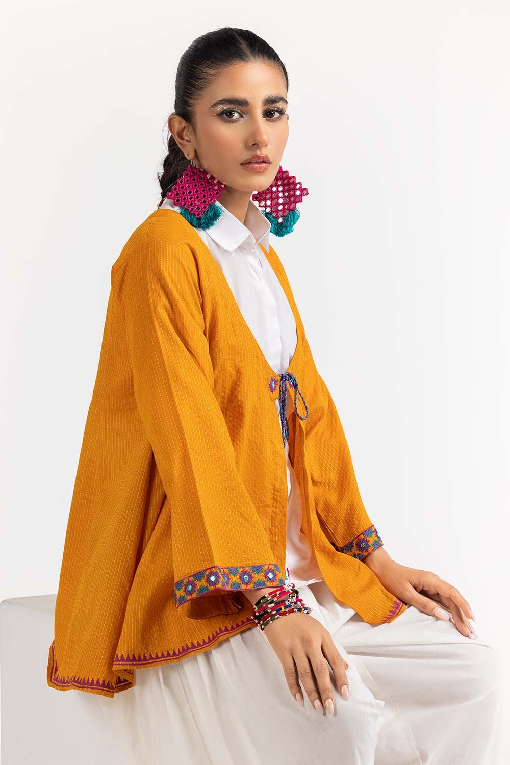 Dyed Cotton Stripes Embroidered Kurti