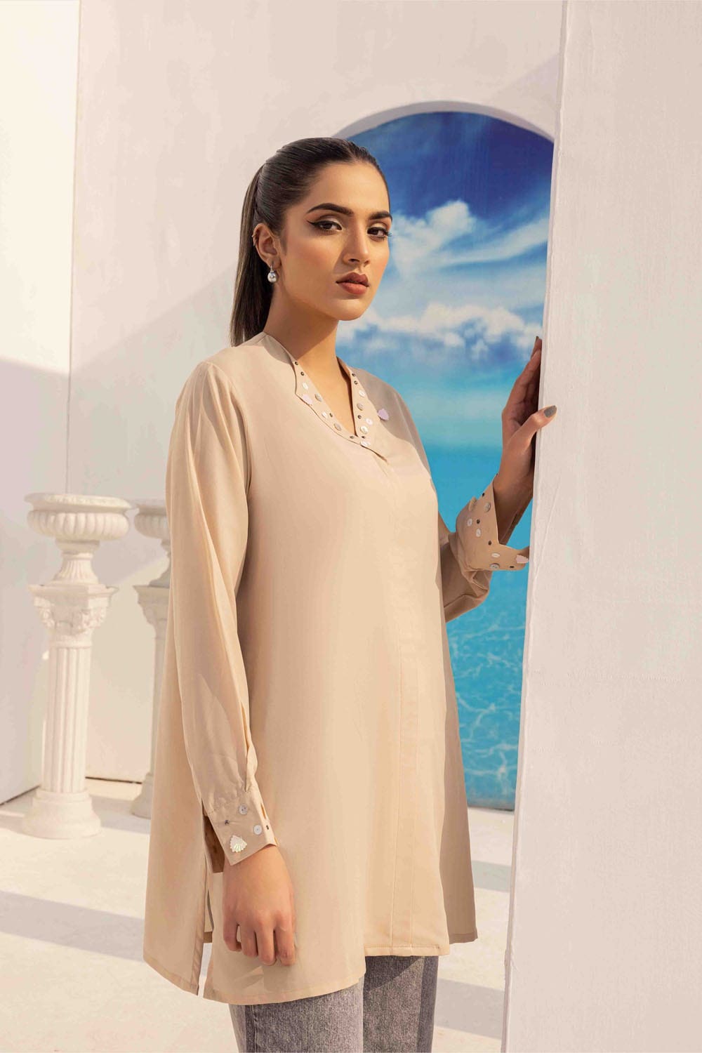 Dyed Blended Georgette Embelished Shirt