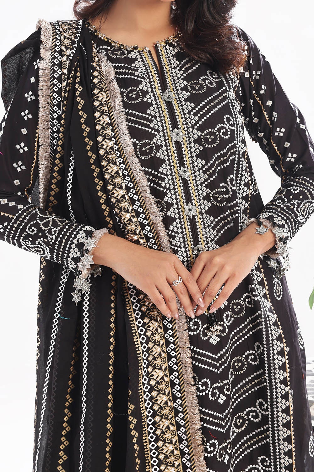 3 Piece Unstitched Zari Embroidered Lawn Suit With Gold Lacquer Printed Lawn Dupatta