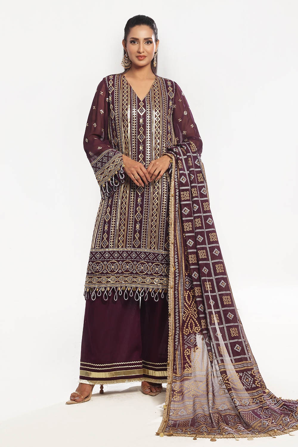 3 Piece Unstitched Embroidered Chiffon Suit with Gold Silver Printed Chiffon Dupatta
