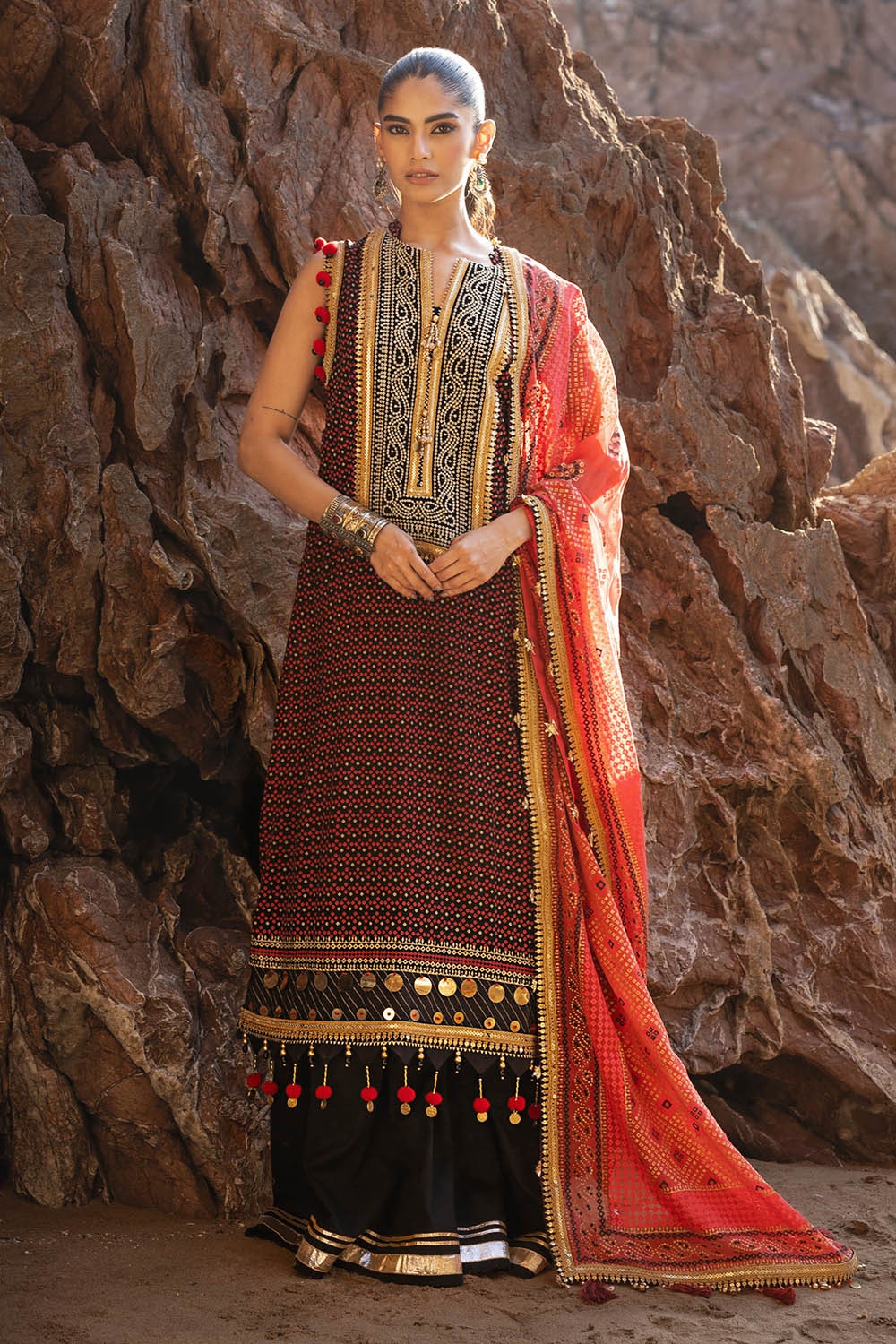 3 Piece Unstitched Embroidered Chiffon Suit with Gold Lacquer Embroidered Printed Chiffon Dupatta