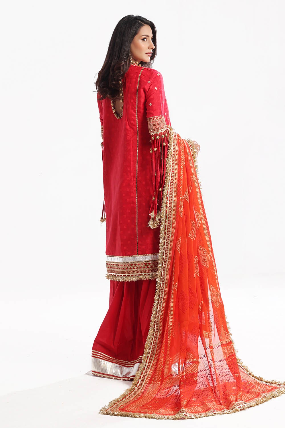 3 Piece Unstitched Embroidered Raw Silk Suit with Gold Lacquer Embroidered Printed Chiffon Dupatta