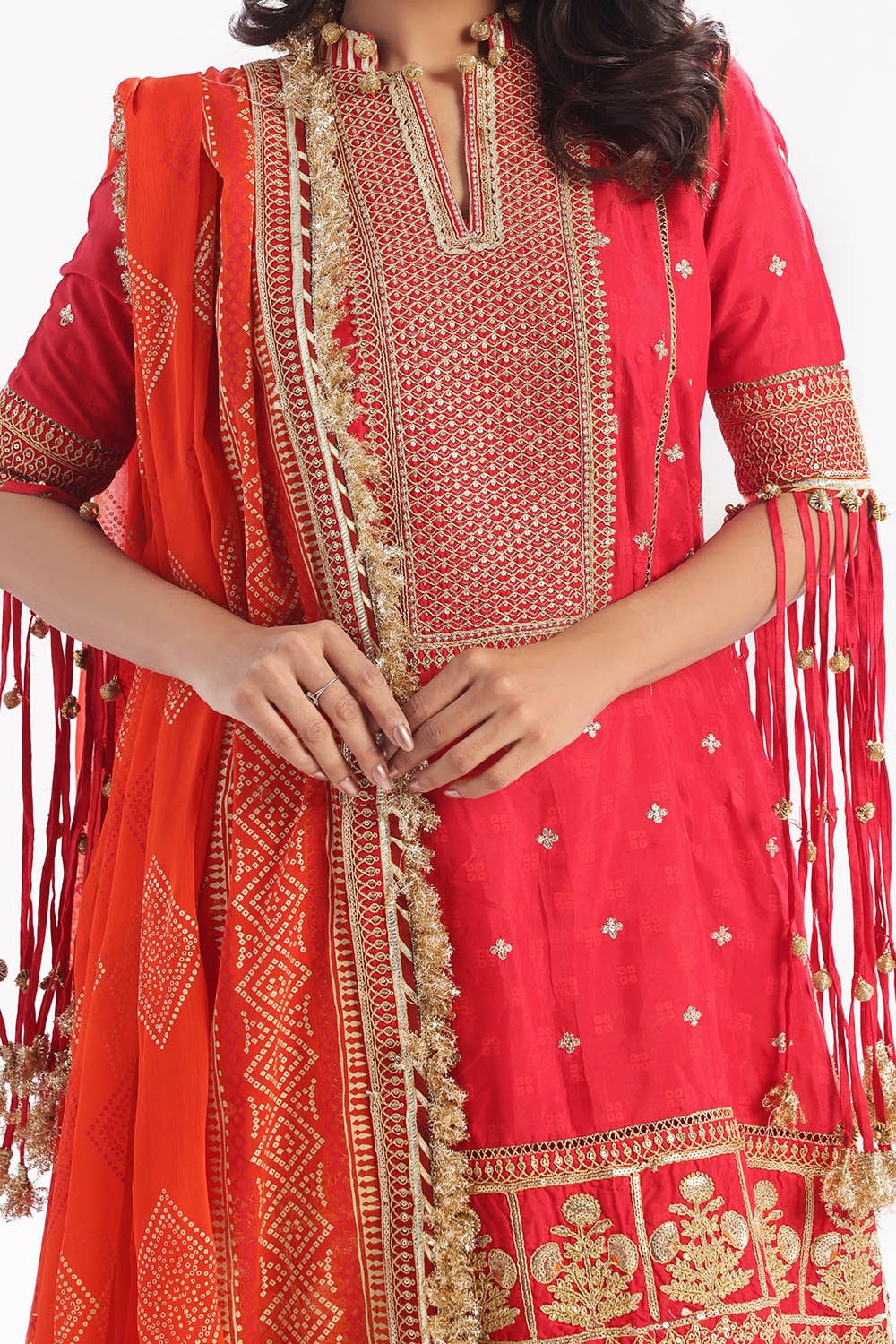 3 Piece Unstitched Embroidered Raw Silk Suit with Gold Lacquer Embroidered Printed Chiffon Dupatta