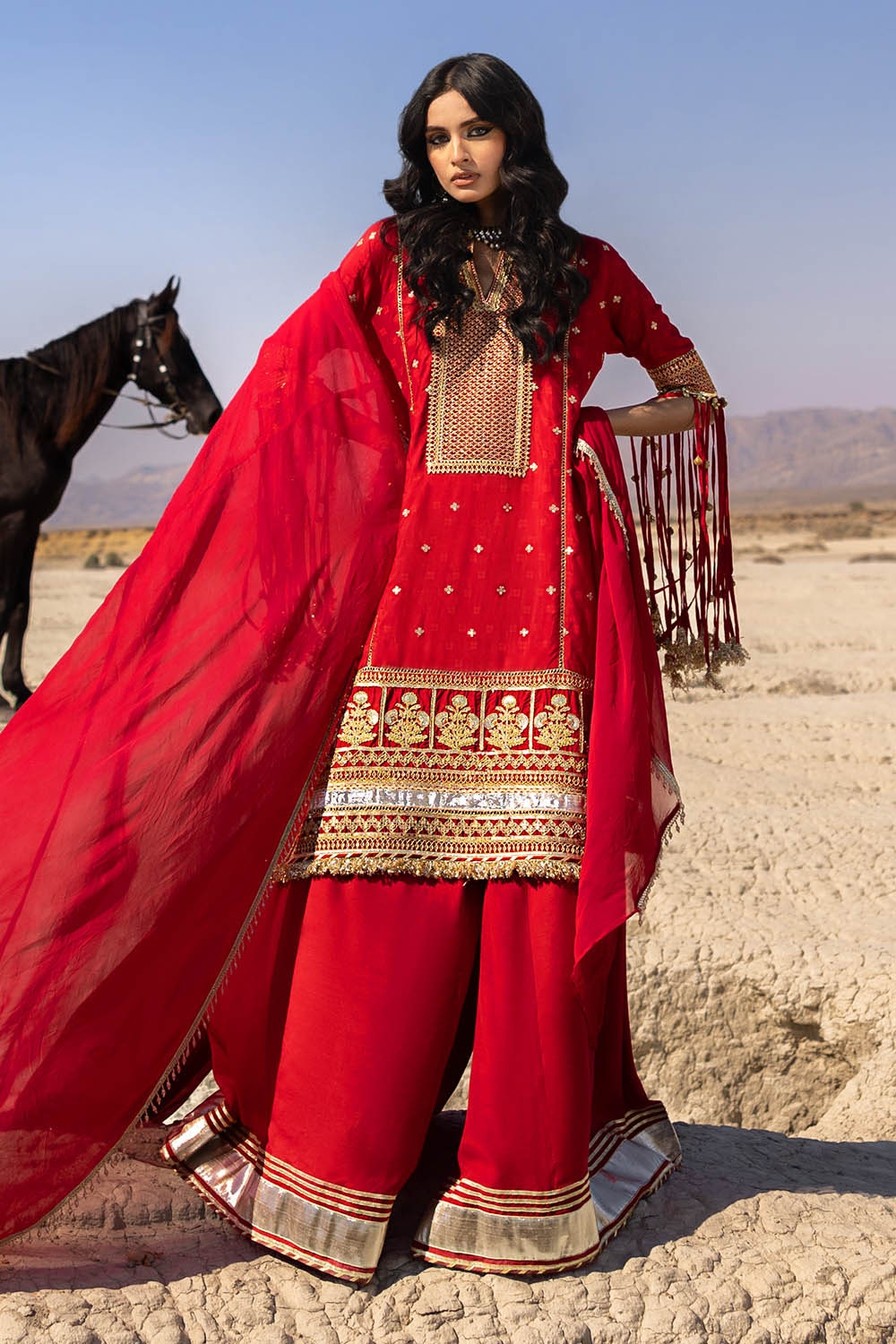 3 Piece Unstitched Embroidered Raw Silk Suit with Gold Lacquer Embroidered Printed Chiffon Dupatta