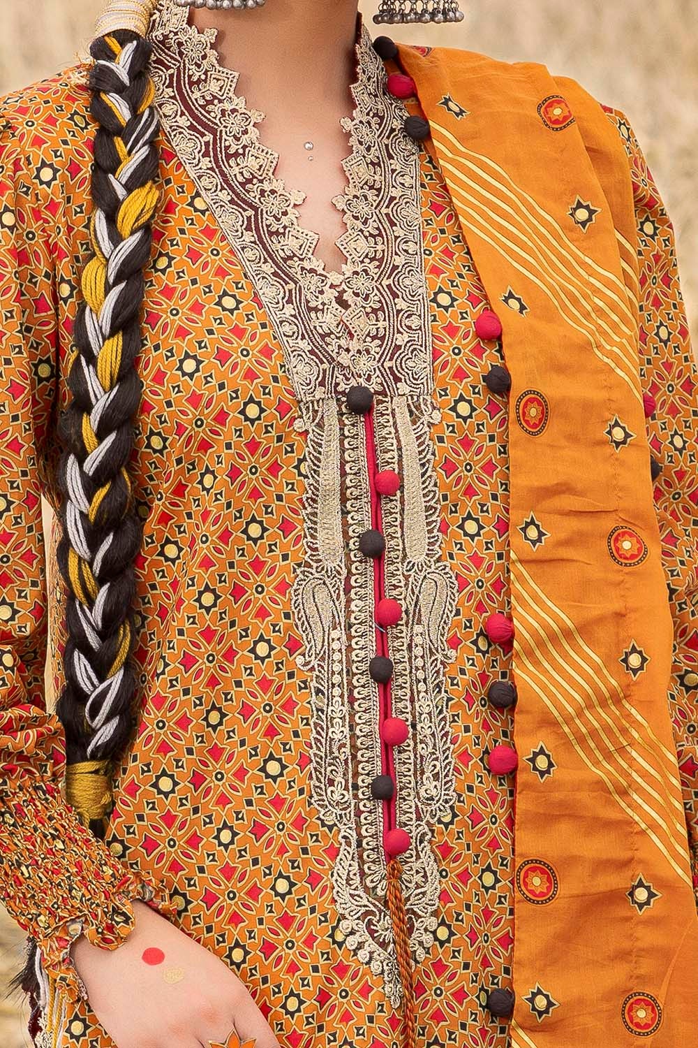 3 Piece Unstitched Embroidered Gold Printed Lawn Suit