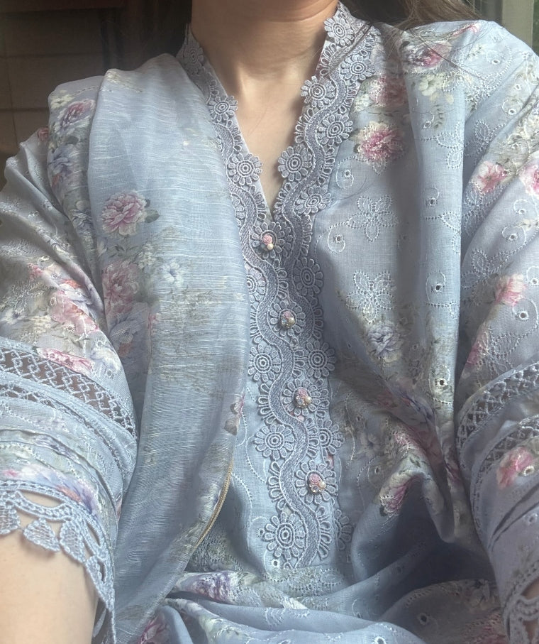 Serenity Blue Floral Bunches (Long) (Unstitched)