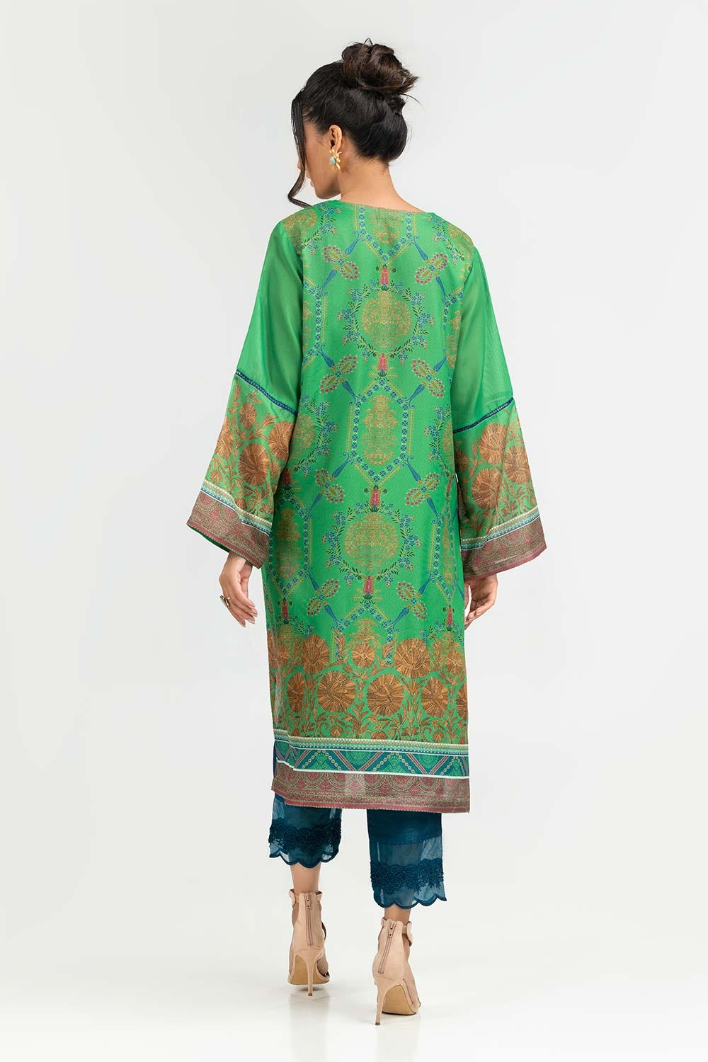 Luxury Pret Printed Khadi Net Embroidered Kurti And Trouser