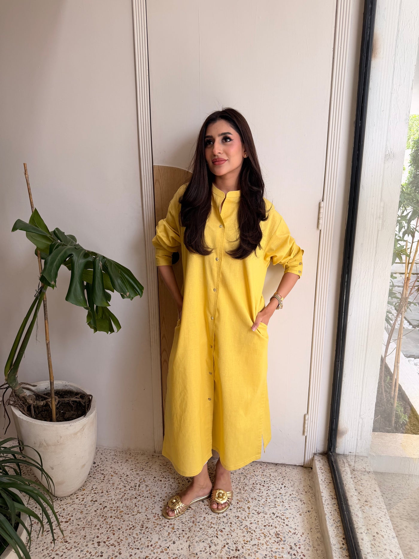 Oversized Linen Shirt Dress In Marigold