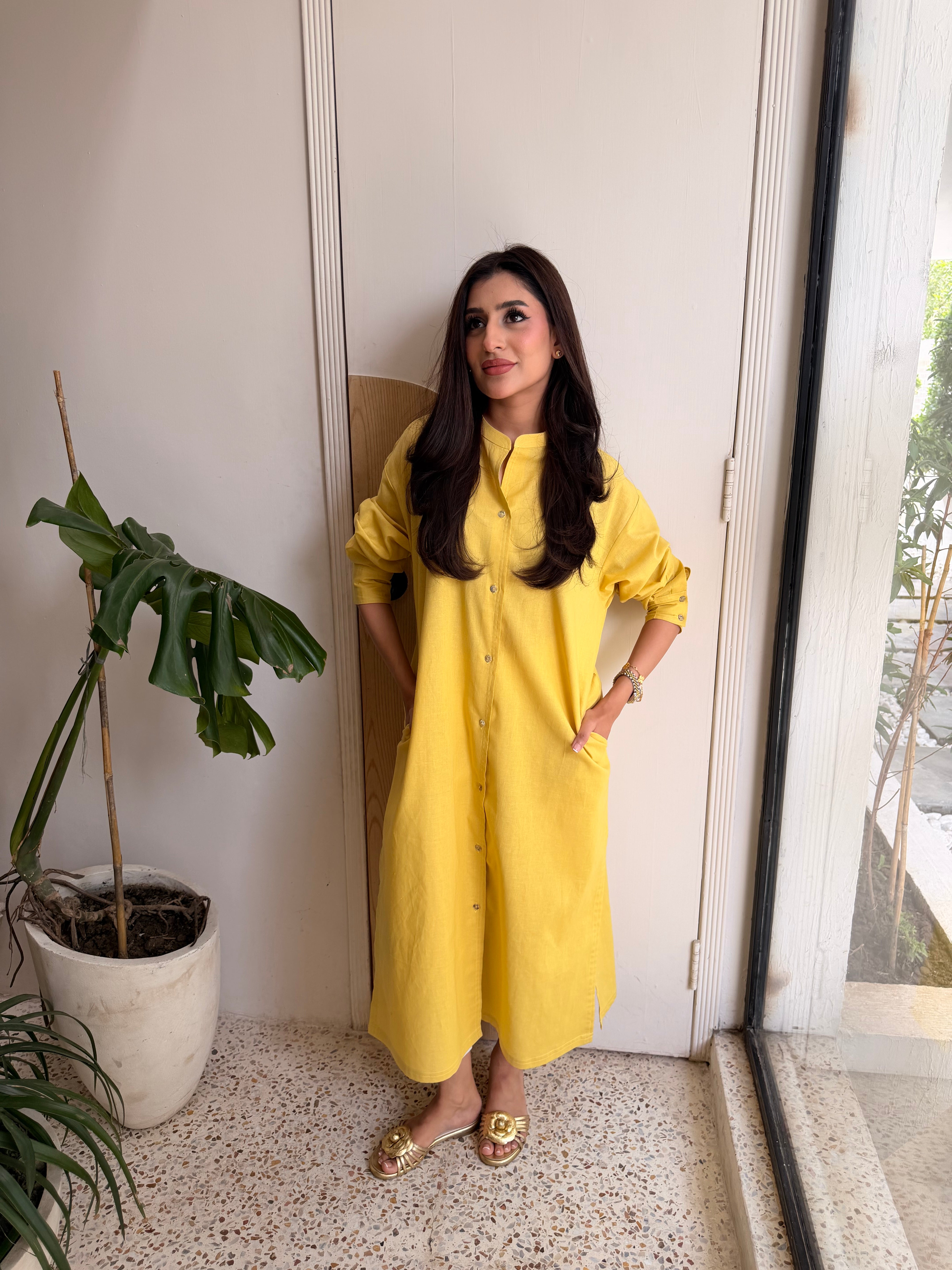 Oversized Linen Shirt Dress in Marigold