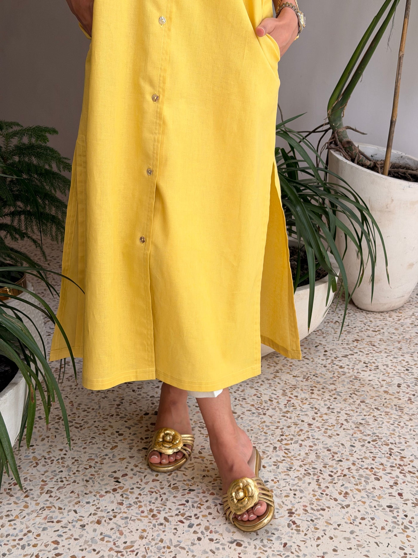 Oversized Linen Shirt Dress In Marigold