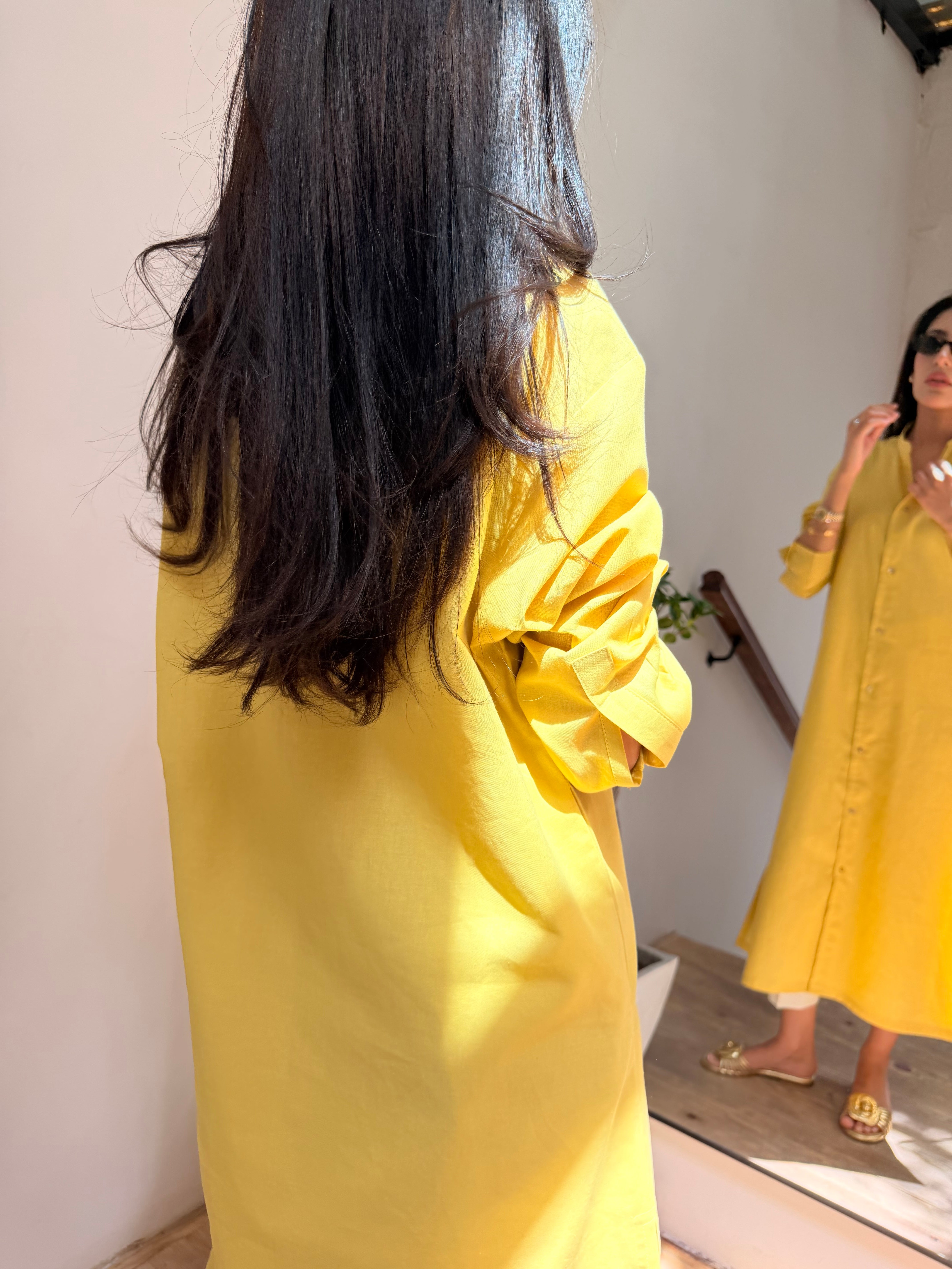 Oversized Linen Shirt Dress in Marigold
