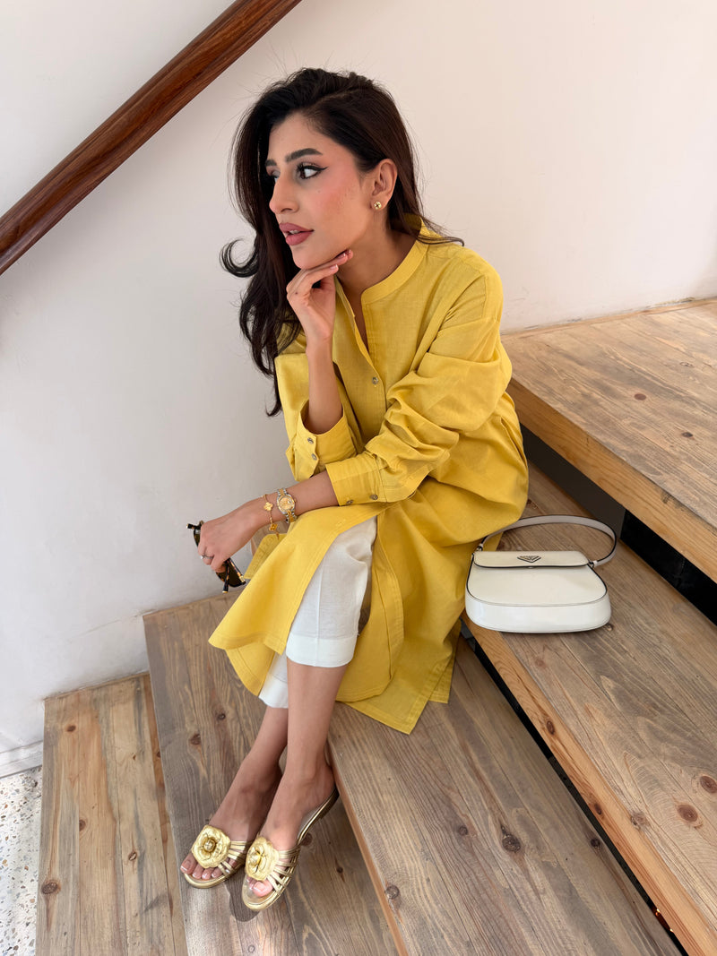 Oversized Linen Shirt Dress in Marigold