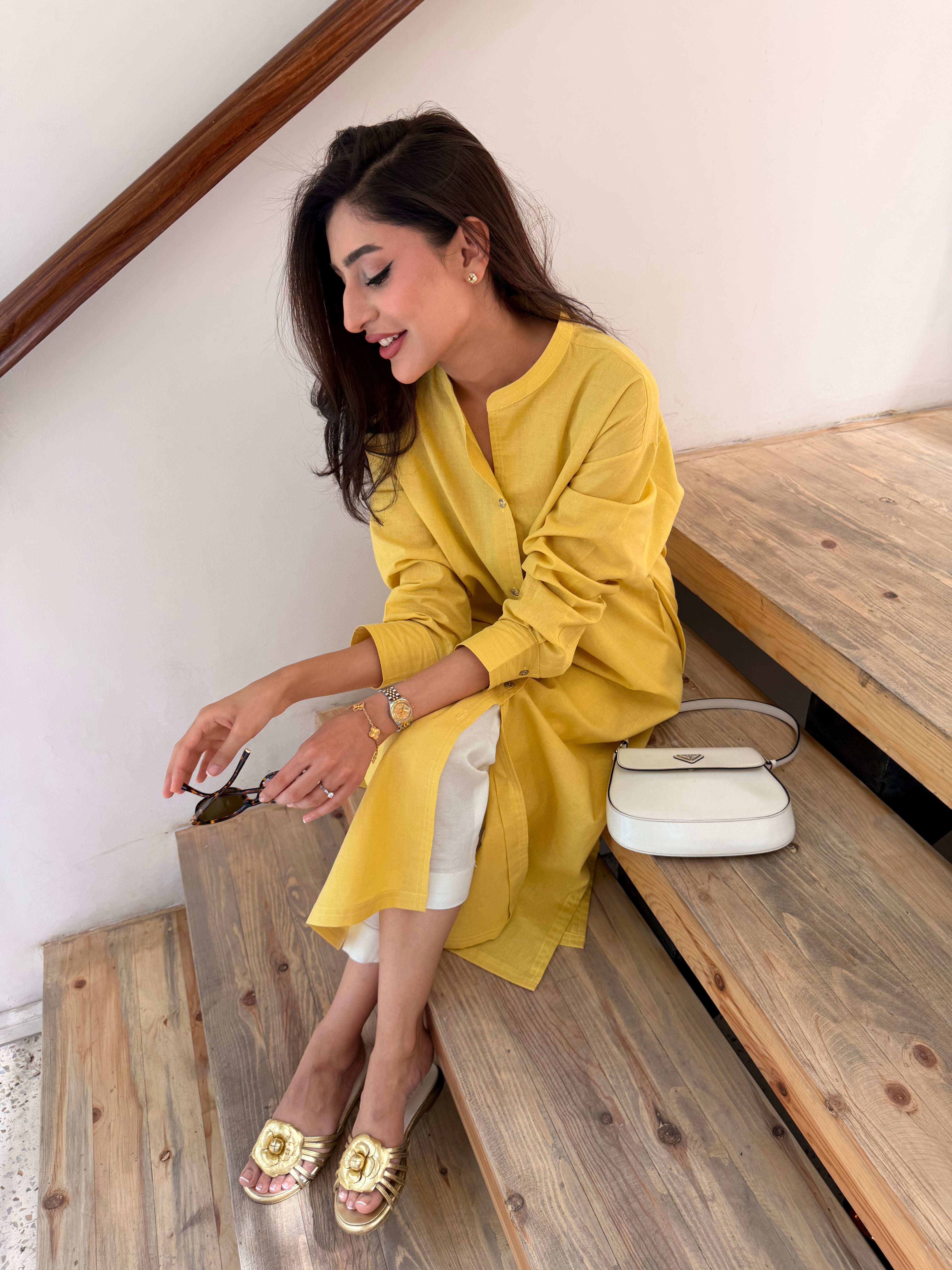 Oversized Linen Shirt Dress in Marigold
