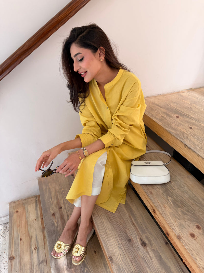 Oversized Linen Shirt Dress in Marigold