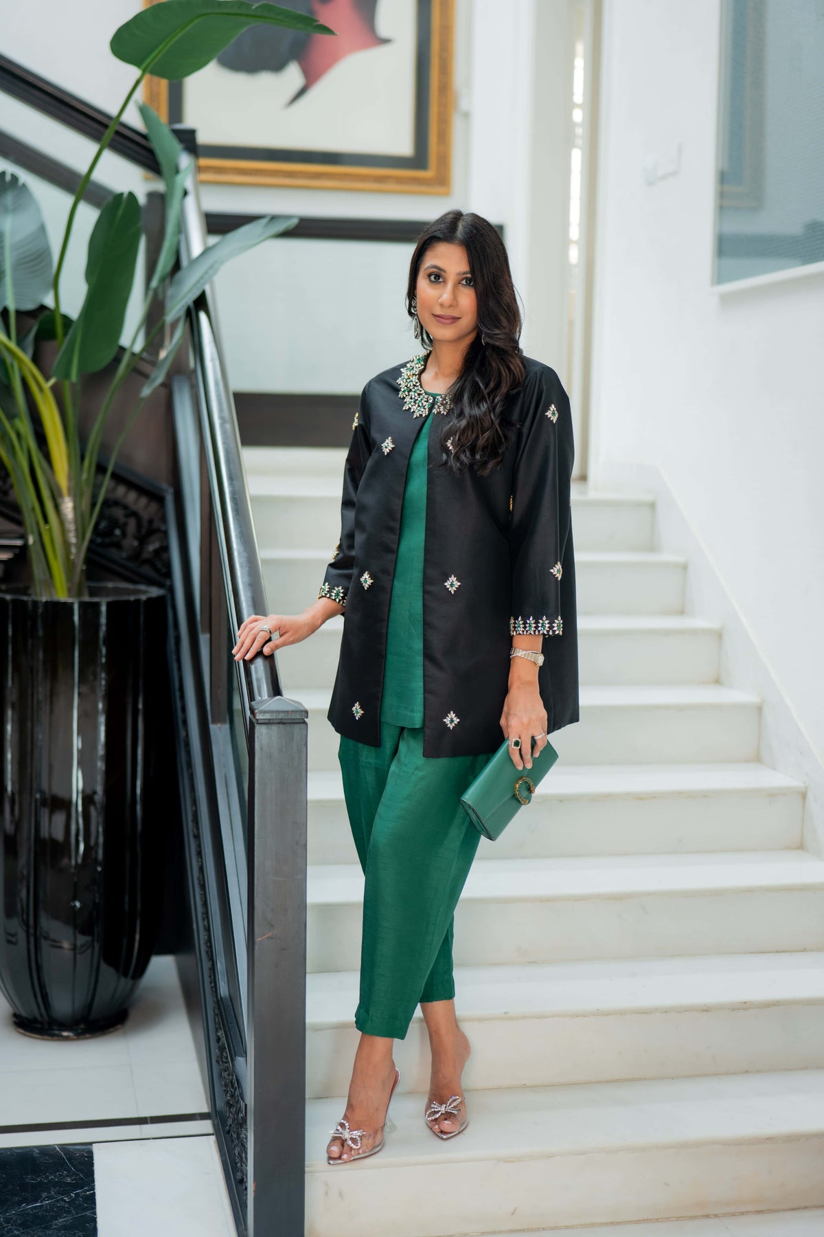 Black Crystal Embellished Jacket with Emerald Green Slip and Trouser