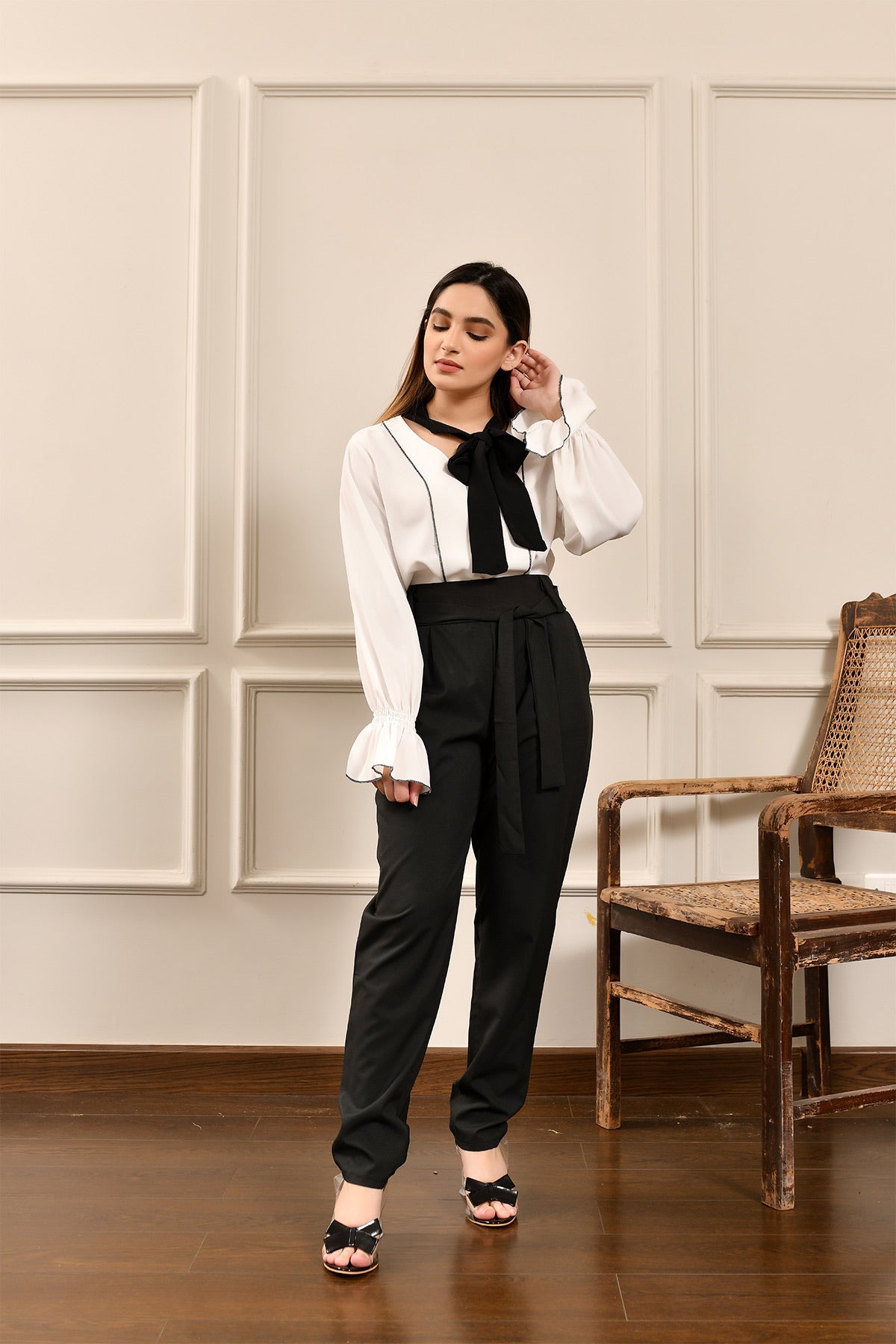 Marina Ruched Black Belted Pant