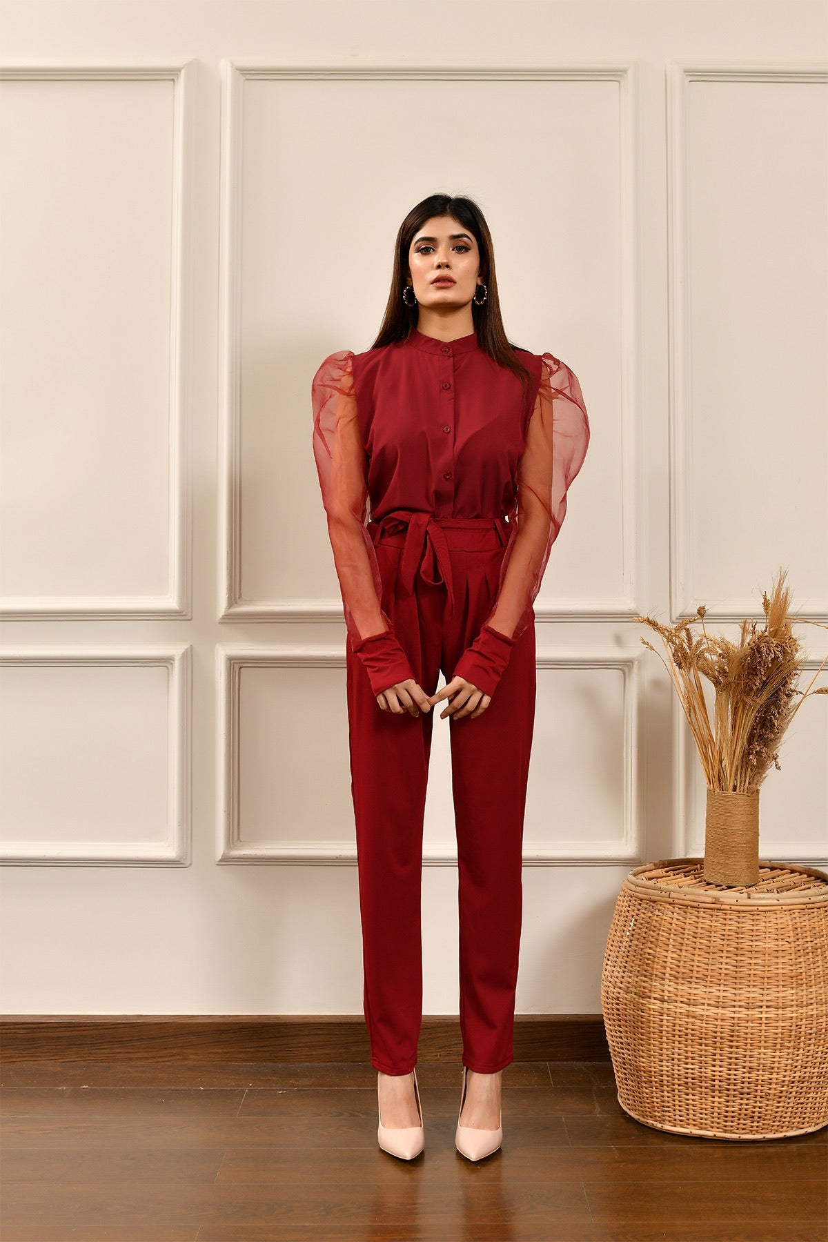 Marina Ruched Maroon Belted Pant