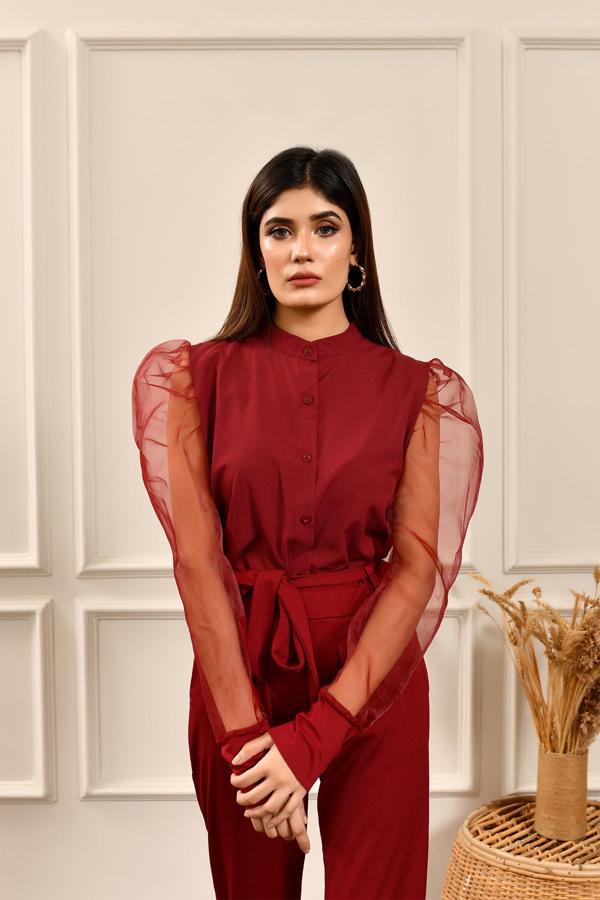 Button Down Organza Sleeve Top Maroon