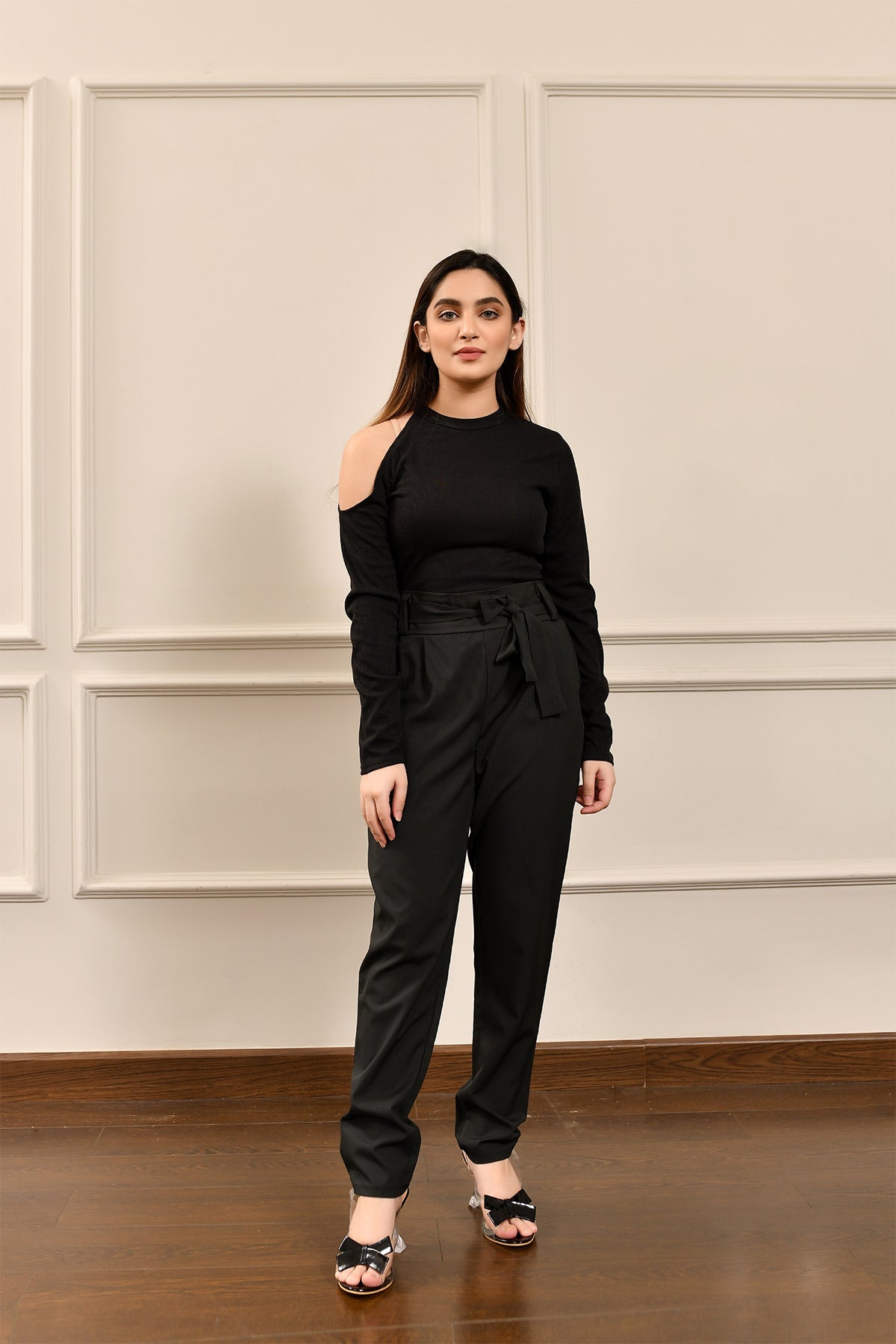 Marina Ruched Black Belted Pant