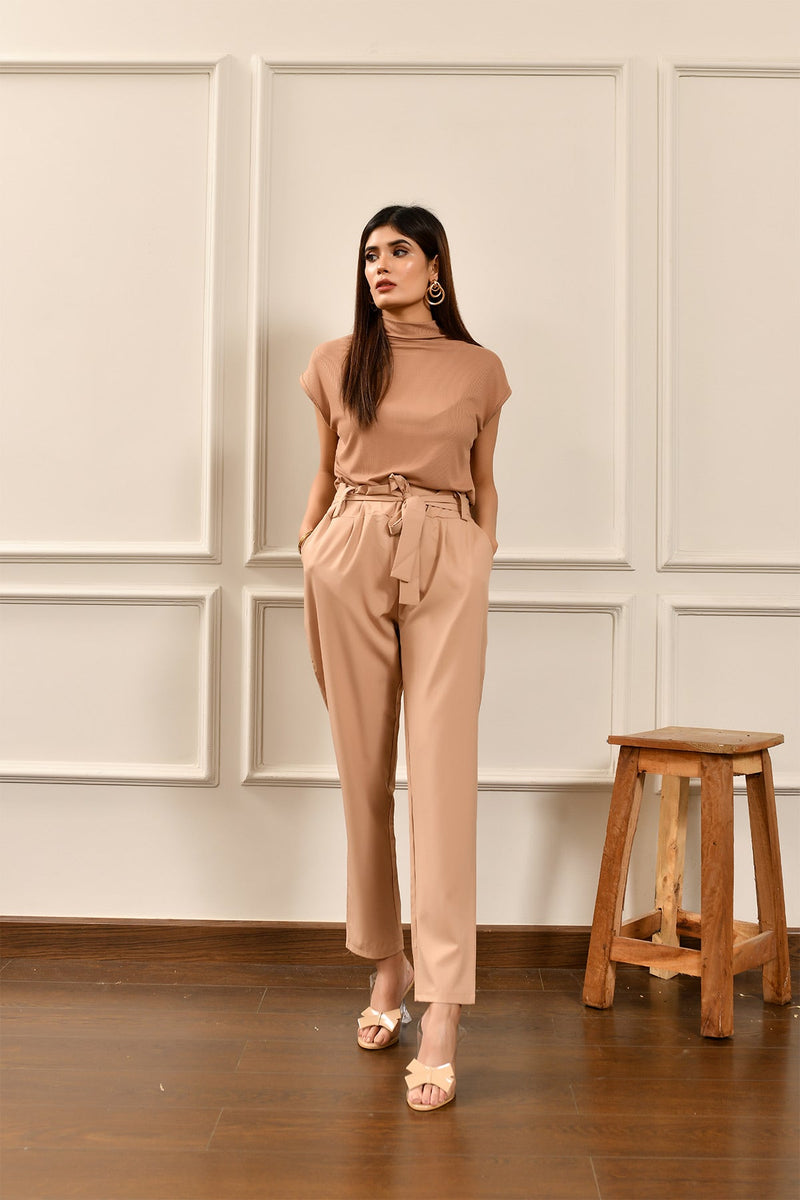 Marina Ruched Dark Beige Belted Pant