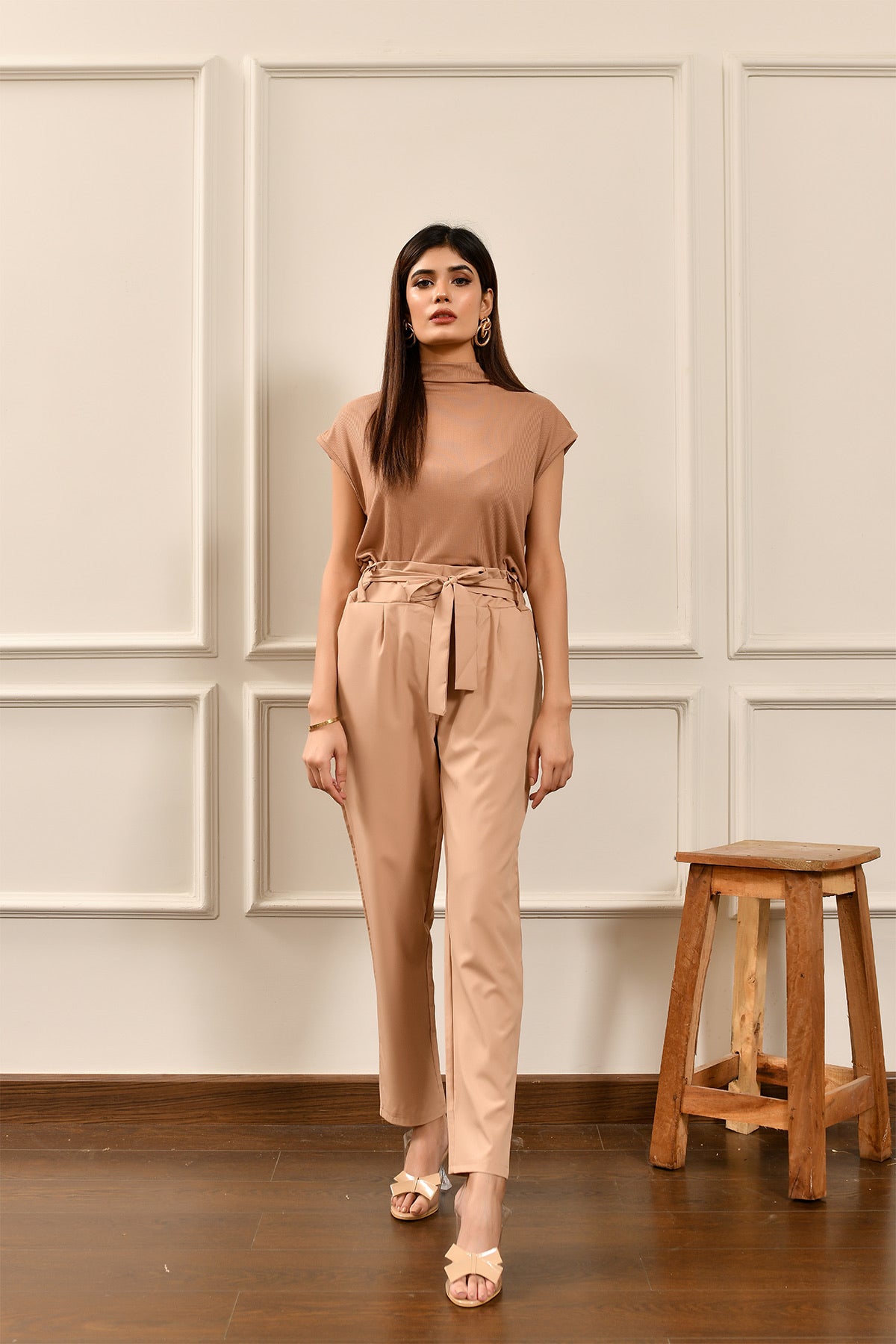 Marina Ruched Dark beige Belted Pant