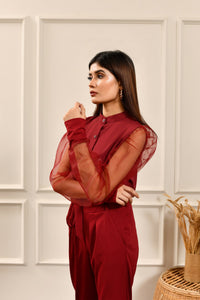 Button Down Organza Sleeve Top Maroon