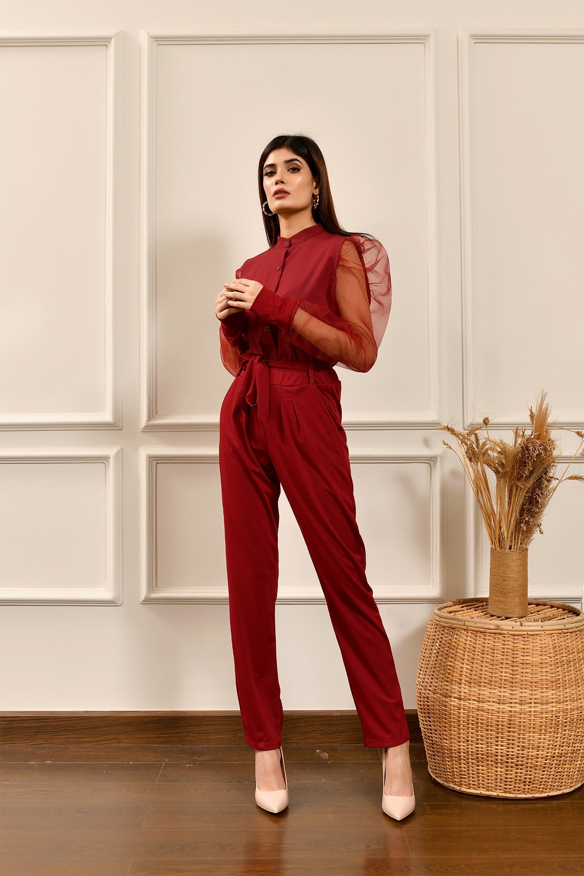 Marina Ruched Maroon Belted Pant