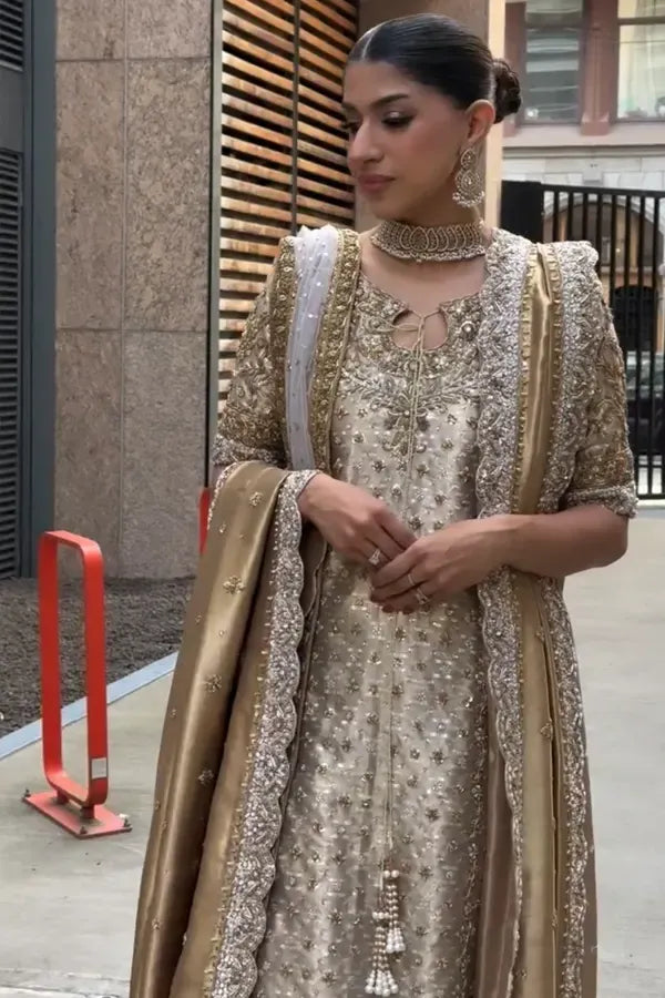Noor-e-Haseen Style — Mairaz Champagne Gold Three-Piece Suit