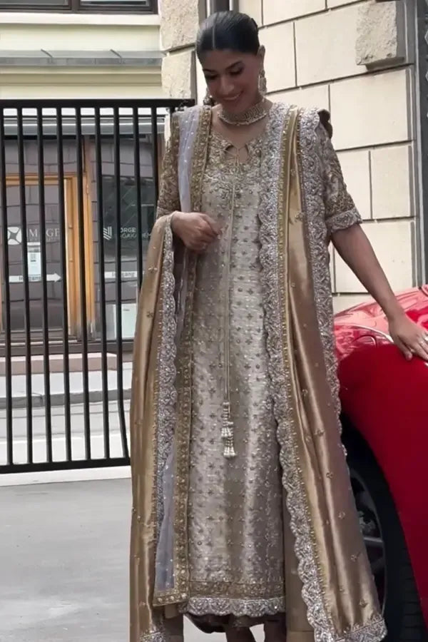 Noor-e-Haseen Style — Mairaz Champagne Gold Three-Piece Suit