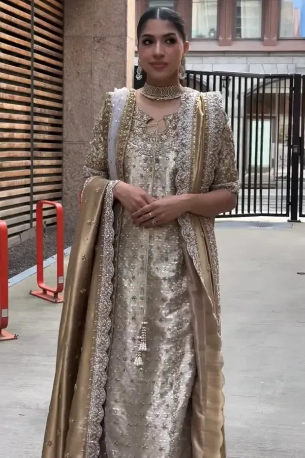 Noor-e-Haseen Style — Mairaz Champagne Gold Three-Piece Suit