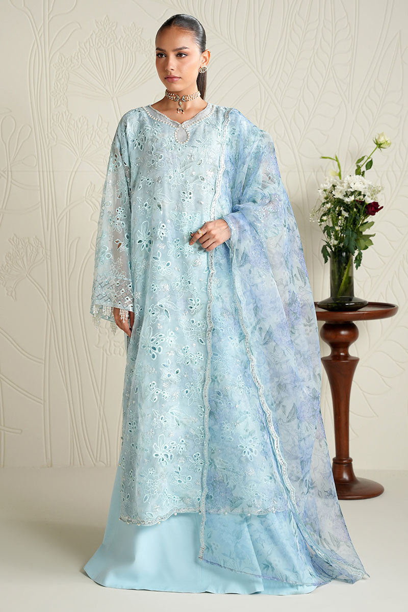 BLUE CLAIR-4PC ORGANZA EMBROIDERED SUIT