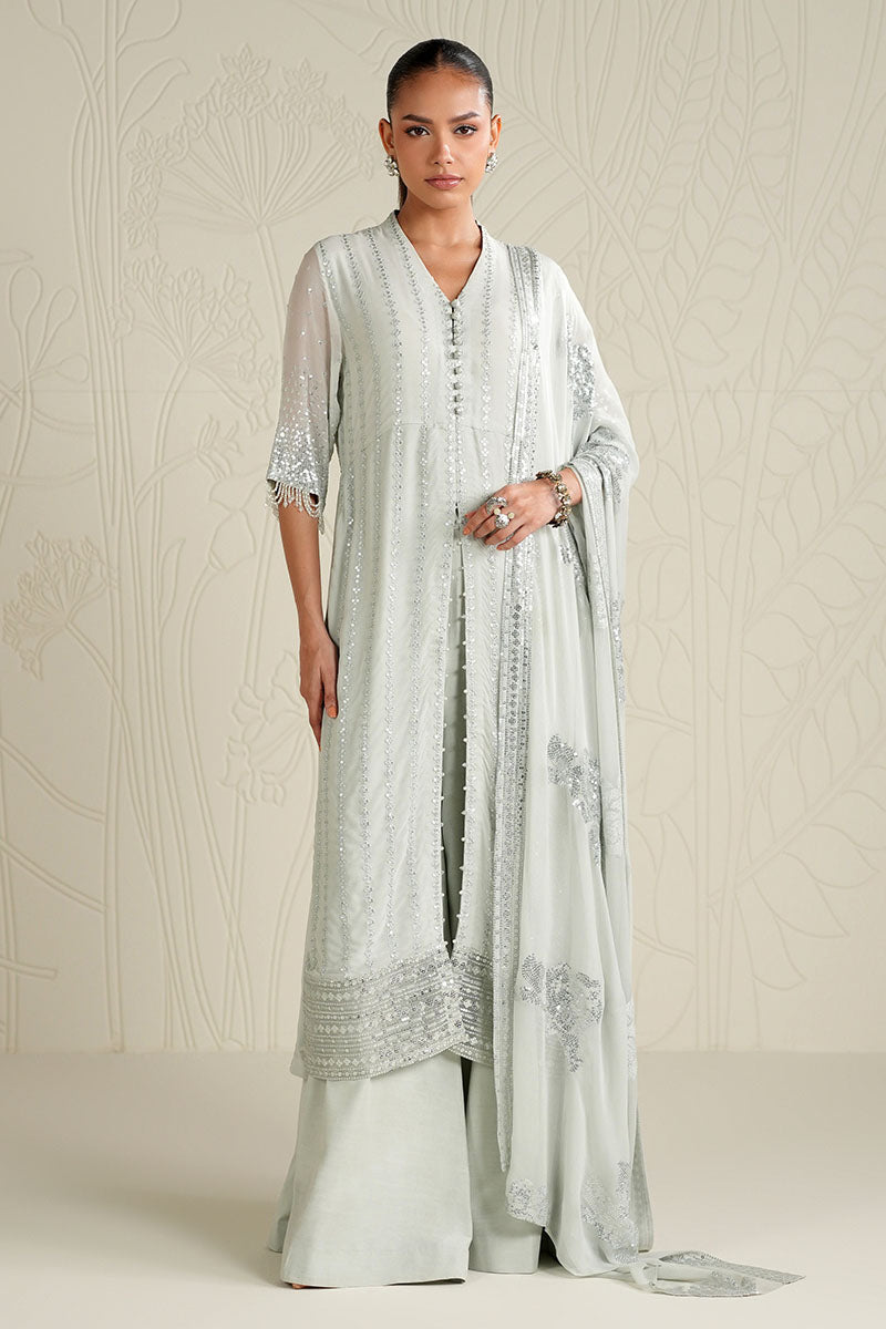 Mint Sparkle-4Pc Chiffon Embroidered Suit