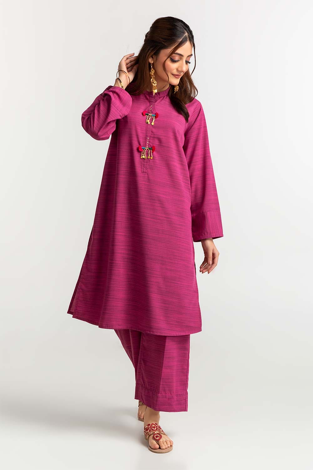 Dyed Polyester Viscose Embellished Shirt With Trouser