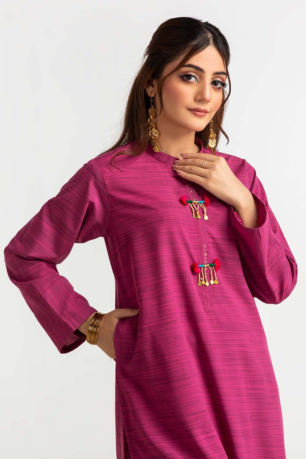 Dyed Polyester Viscose Embellished Shirt With Trouser