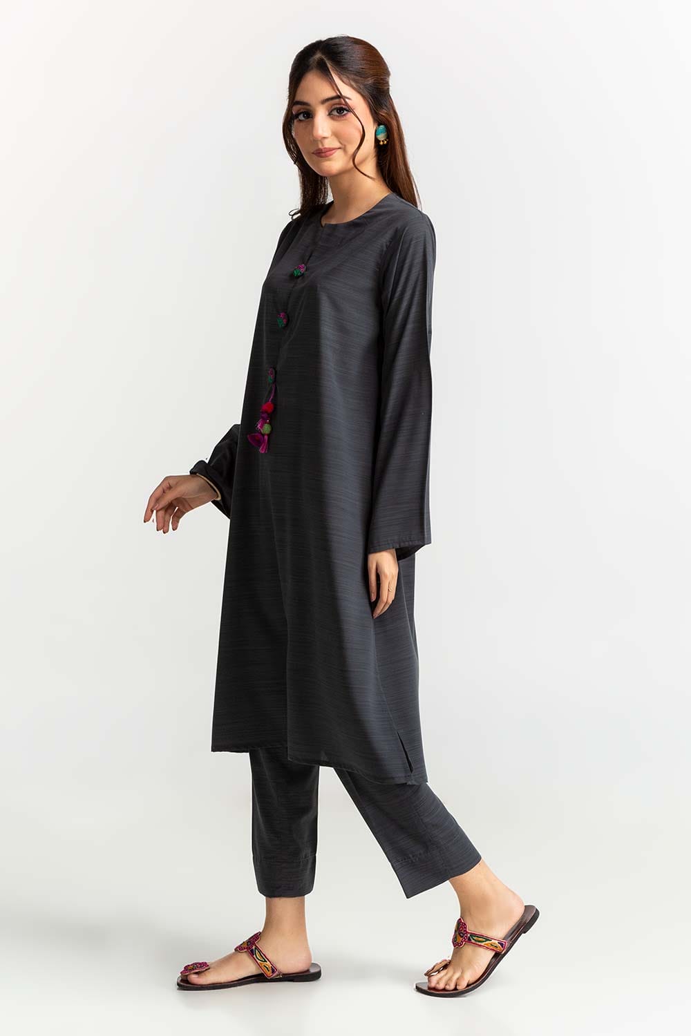 Dyed Polyester Viscose Embellished Shirt With Trouser