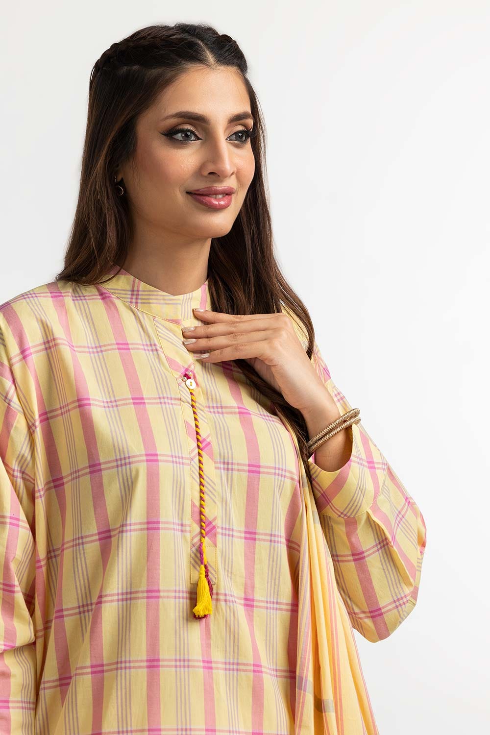 Dyed Cotton Yarn Dyed Embelished Shirt With Dupatta