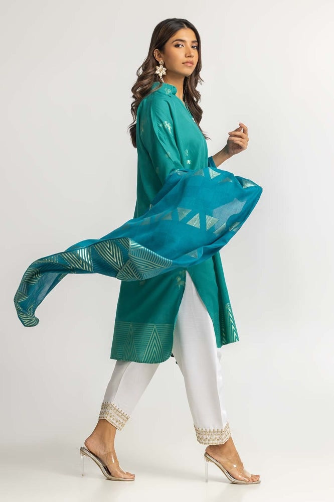 Dyed Jacquard Shirt With Dupatta