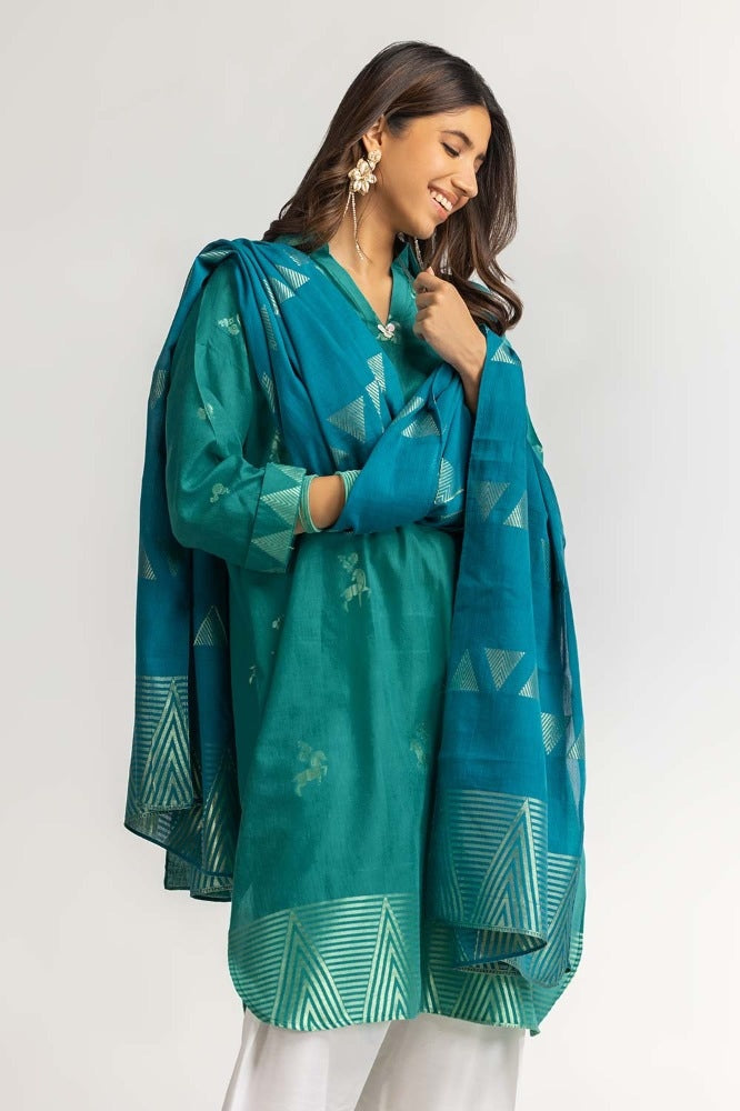 Dyed Jacquard Shirt With Dupatta