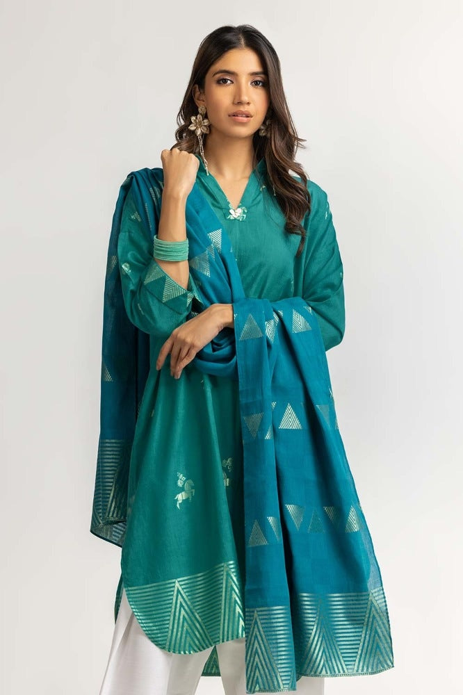 Dyed Jacquard Shirt With Dupatta