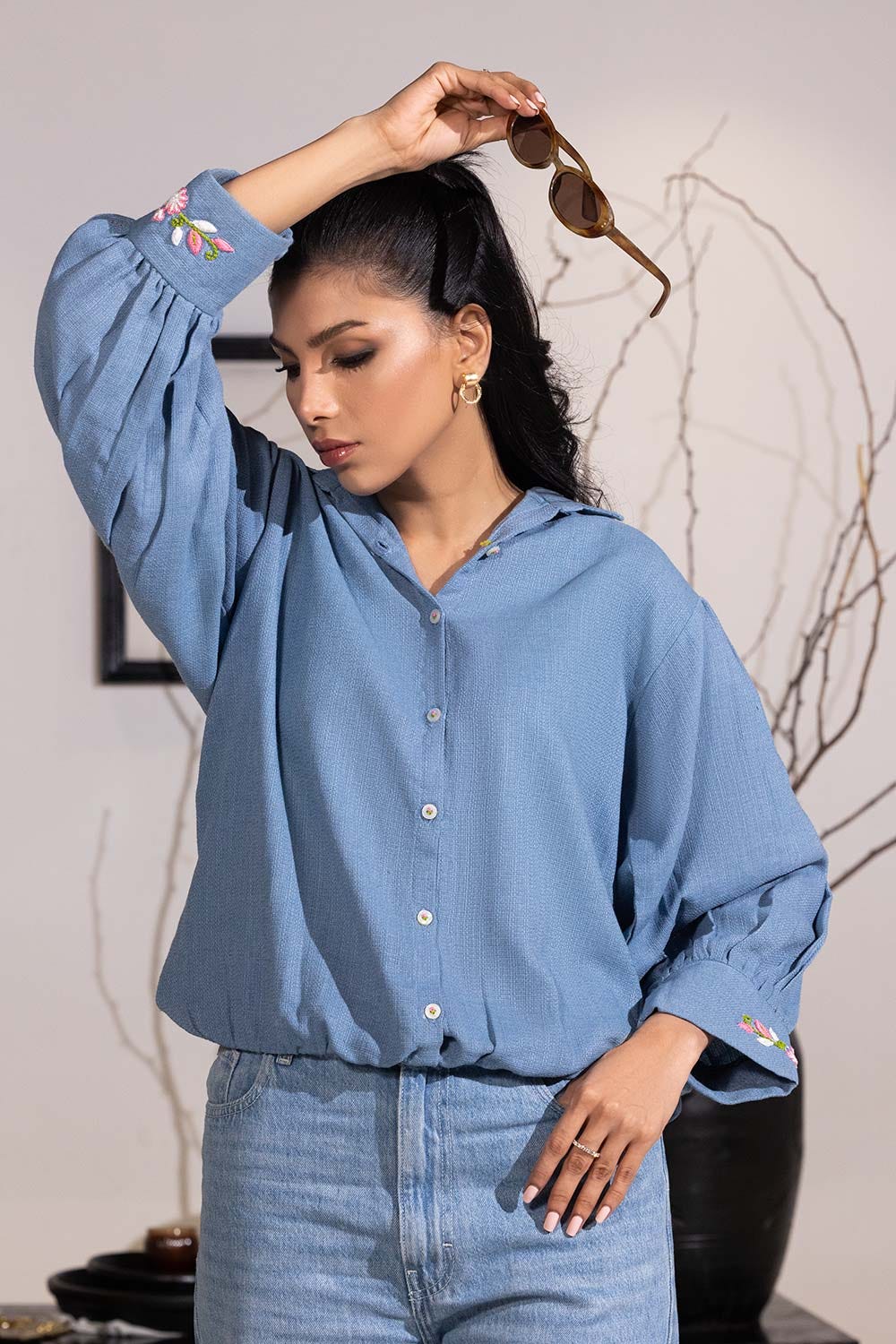 Dobby Jute Embroidered Button Down Shirt