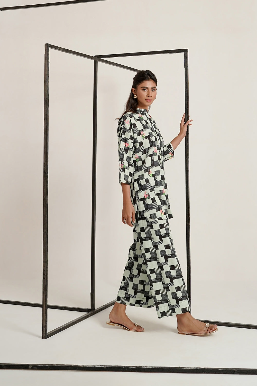 Cross Slub Printed With Embroidered Co-Ord Set
