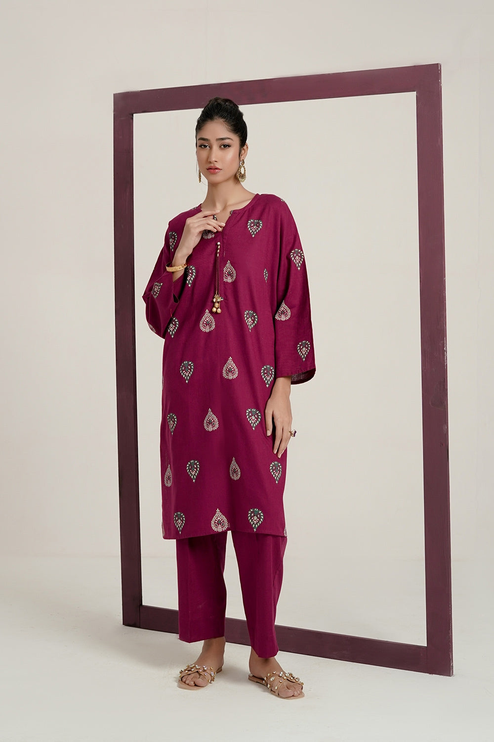 Cross Slub Block Print Shirt And Dyed Trouser
