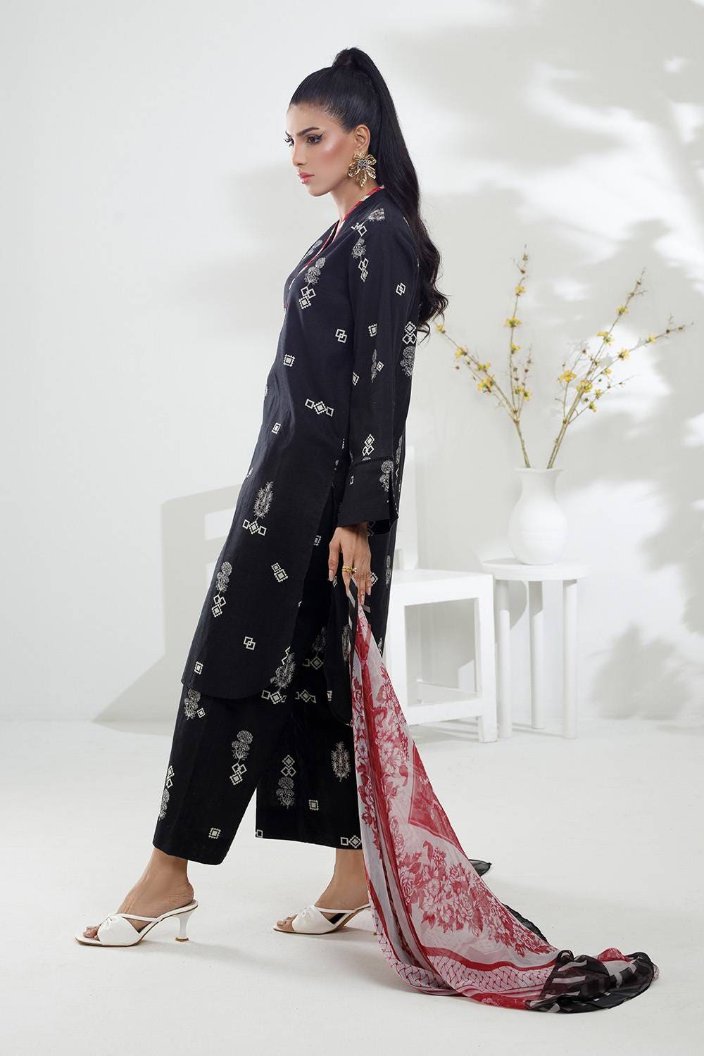 3 Piece Cross Slub Printed Suit