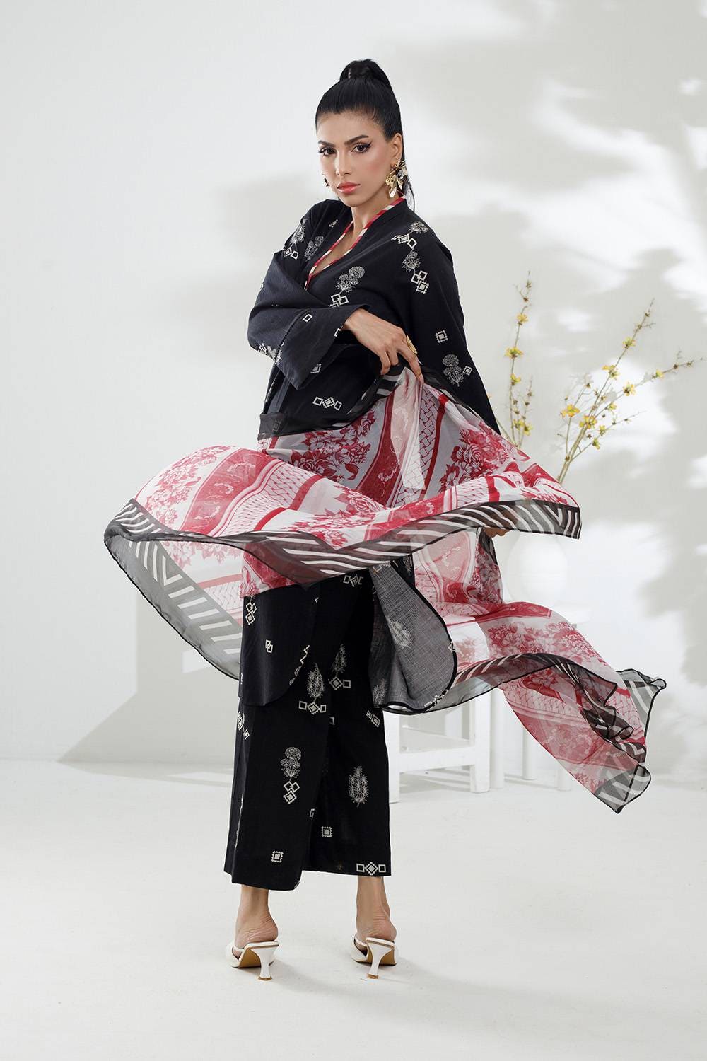 3 Piece Cross Slub Printed Suit
