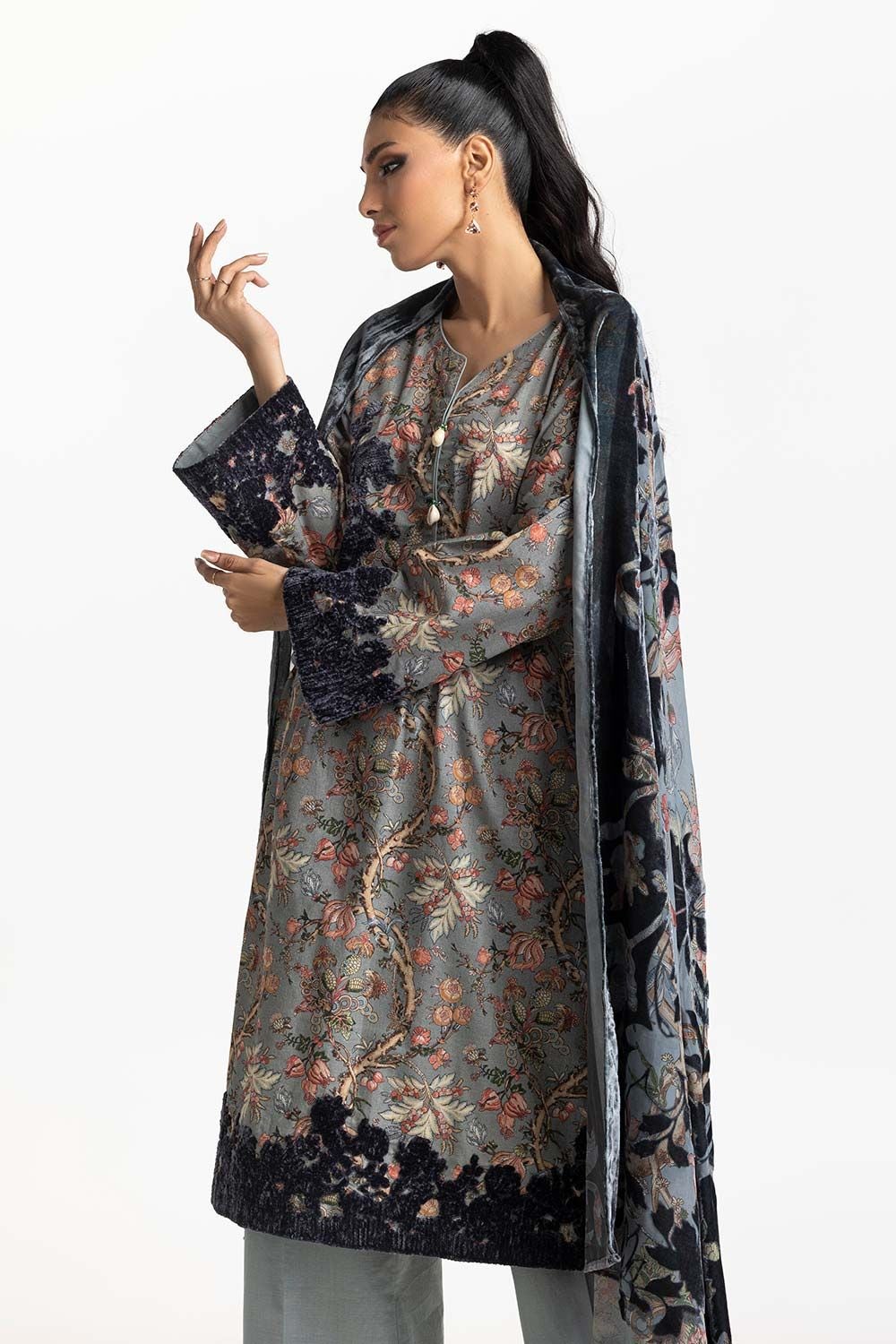 3 Piece Khaddar Printed With Embroidered Suit