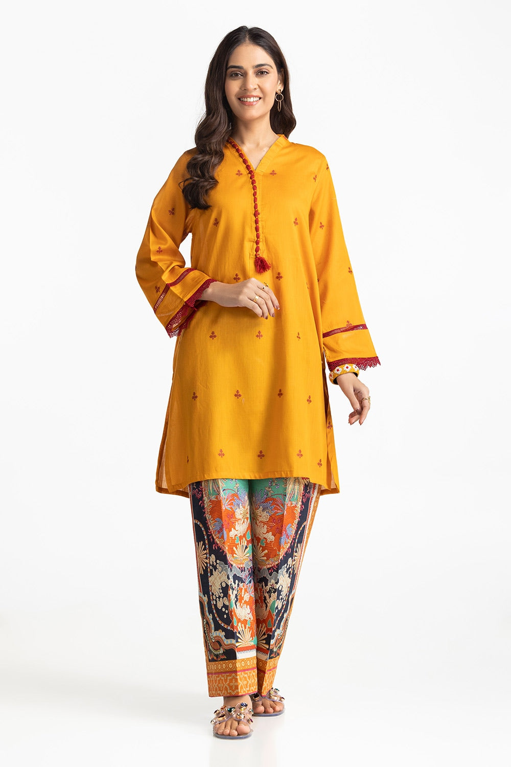 Jacquard Embellished Shirt With Printed Trouser